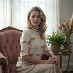 Vintage Cream Striped Knit Pullover Sweater Burnt Orange Lightweight